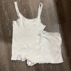 Vintage Gap Body 2 Pc Ribbed Pajama Set Lace Trim White Boxer Shorts Tank Y2K Sm